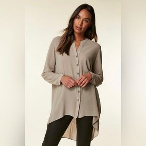 Wallis Neutral Taupe Beige Pleated Back Buttoned Hi-low Blouse Size Medium 8-10